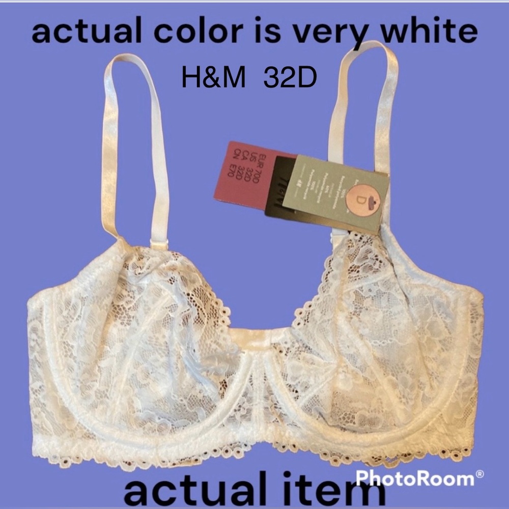 NWT 32D H&M White Soft Lace Bra Unlined, Underwire, Adjustable Straps